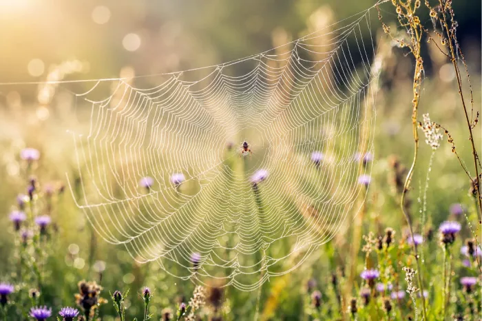 Een klassieke, frontale natuurfoto van een mooi getekende spin in het geometrische middelpunt van een groot web, met paarse bloemen vaag in de achtergrond.