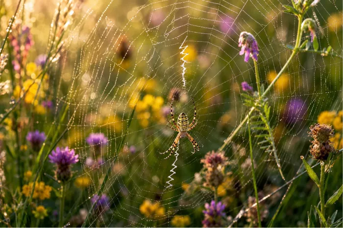 Een felgekleurde wespspin (ook wel tijgerspin) bewaakt haar grote ronde web in een zonnig grasveld. De gele en zwarte strepen tekenen prachtig af.