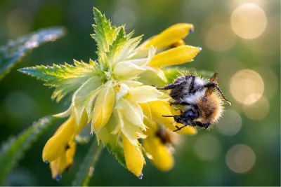 Pluizige hommel op een gele bloem, de foto