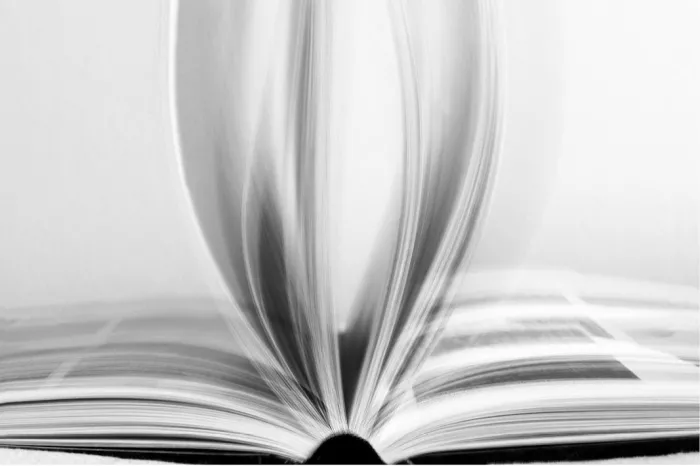 Zwart-wit foto van een openvallend boek met wazige pagina's die samen de vorm van een lotusbloem lijken te vormen