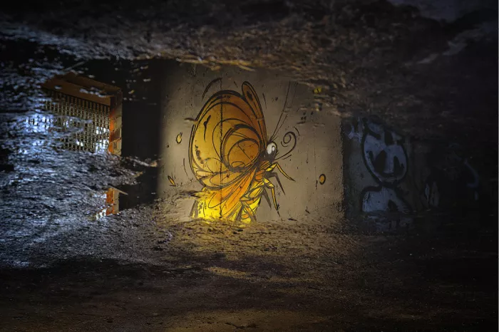 Gele graffitivlinder op een betonnen muur, gespiegeld in een plas water in een vervallen gebouw