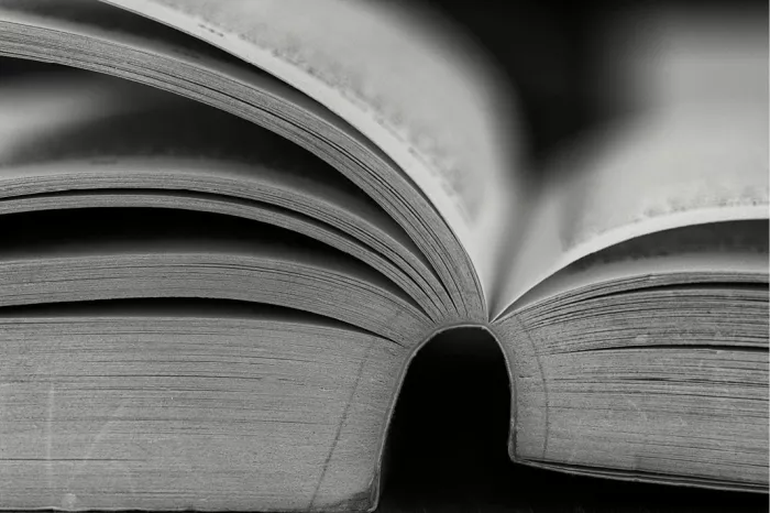 Opengeslagen dik boek van dichtbij en laag gezien, met krullende bladzijden, in grijstinten