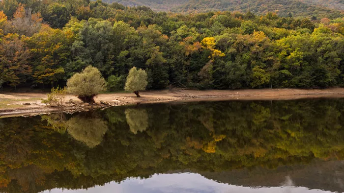 Herfstbos met groene en gele bomen op een heuvel, gespiegeld in het stille water van een meer
