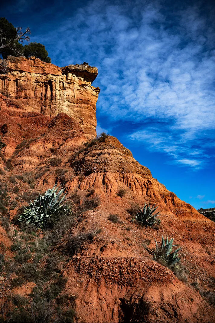 Oranje en rode rotswand met agaves onder een diepblauwe lucht