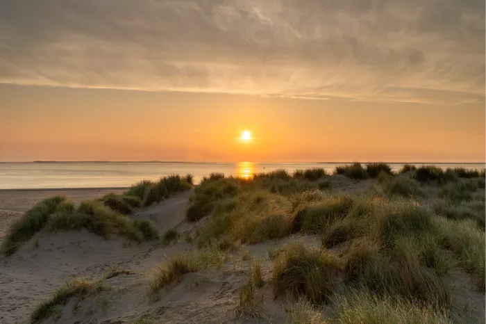 Zon komt op boven de zee bij Texel, met duingras en zandduinen op de voorgrond en een wolkenlucht in warme tinten.