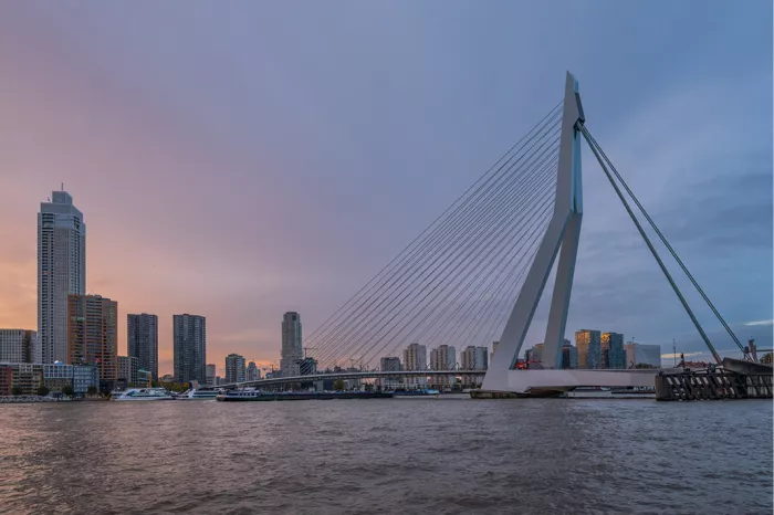 Erasmusbrug en skyline van Rotterdam tegen een roze avondlucht, met de rivier ervoor