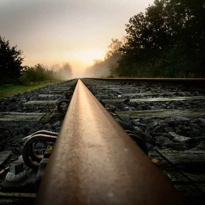 Laag standpunt op een spoorrail die in de mist naar de opkomende zon loopt, met donkere bomen aan weerszijden.