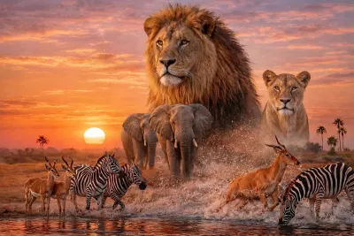 Drinkplaats bij Zonsondergang, de foto