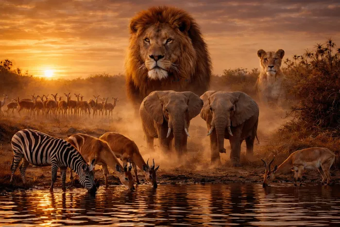 Reusachtige leeuwenkop boven twee olifanten, een zebra en antilopen aan een drinkplaats bij zonsondergang.
