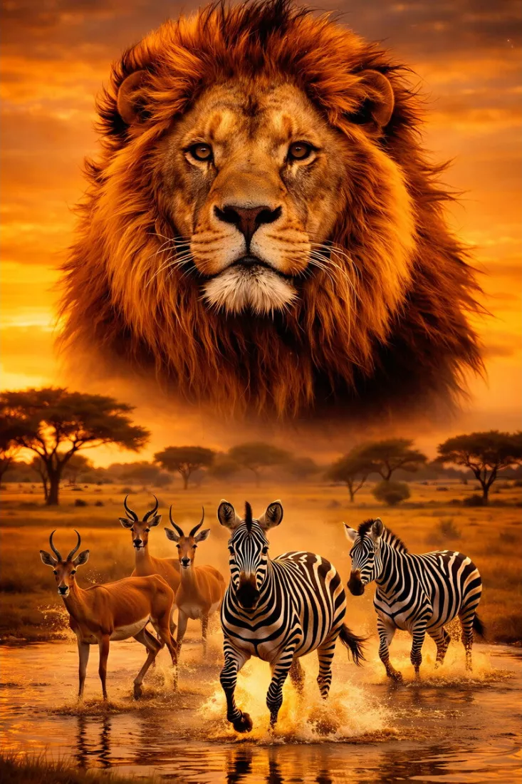 Reusachtige leeuwenkop boven de savanne bij zonsondergang, met zebra's en antilopen die door ondiep water rennen.