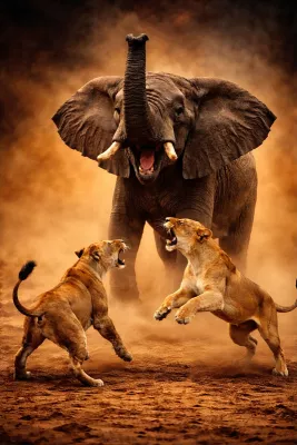 Olifant tussen Leeuwinnen, de foto