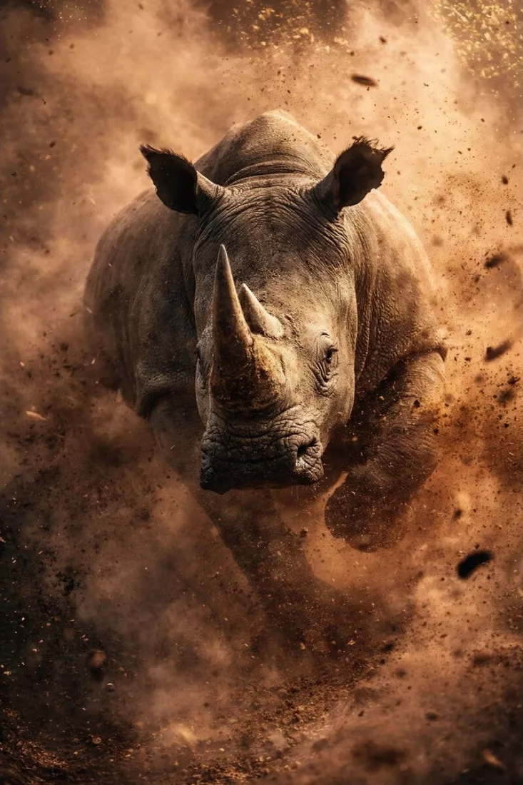 Frontaal beeld van een neushoorn die door een wolk van oranje stof en opspattende aarde op de kijker af stormt.