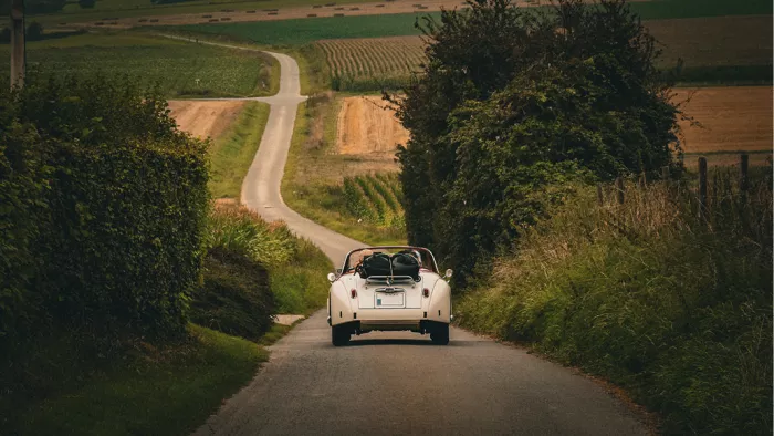 Een oldtimer rijdt over een lange landelijke weg in West-Vlaanderen, met uitzicht op een uitgestrekt landschap. Rust en genieten komen samen in het beeld. De uitgestrektheid van de omgeving brengt ruimte en zuurstof in elk interieur.