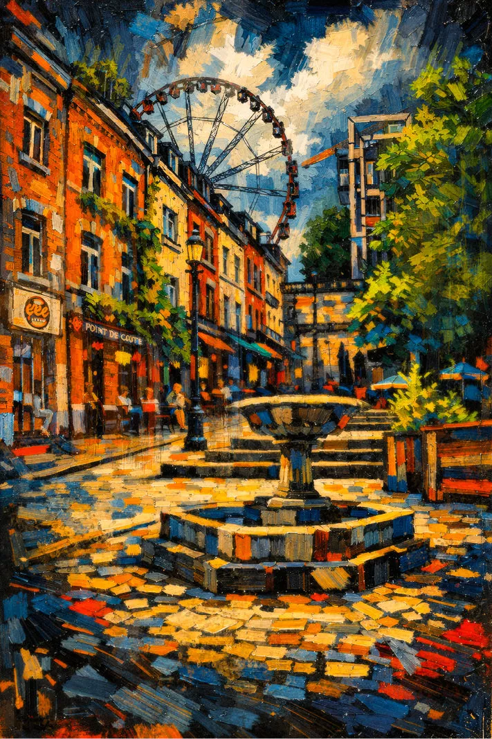 Dit expressieve schilderij vangt de rauwe, authentieke sfeer van de Brusselse Marollen in de karaktervolle Rue de l'Epée. Met levendige penseelstreken en een krachtig kleurenpalet van diepe blauwen, warme aardetinten en speelse accenten, brengt het kunstwerk een typisch stukje Brussel tot leven.