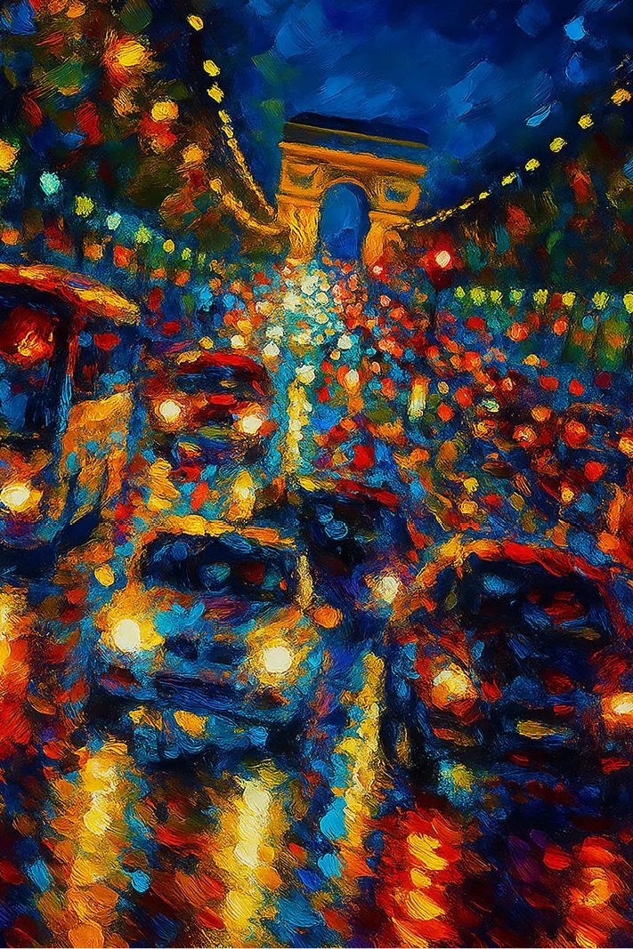 Dit werk vangt de betoverende drukte van Parijs in volle glorie. Onder een diepblauwe hemel schittert de Arc de Triomphe als een gouden baken in de verte. De Champs-Élysées bruist van leven: auto’s met felle koplampen stromen als een eindeloze rivier van licht naar voren, terwijl rode achterlichten als gloeiende stippen dansen in de nacht.