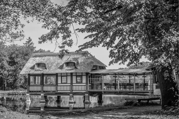 Paviljoen met rieten dak en terras aan het water, omringd door bomen, in zwart-wit