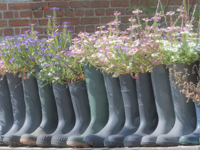 Rij regenlaarzen met roze, paarse en witte bloemetjes voor een bakstenen muur