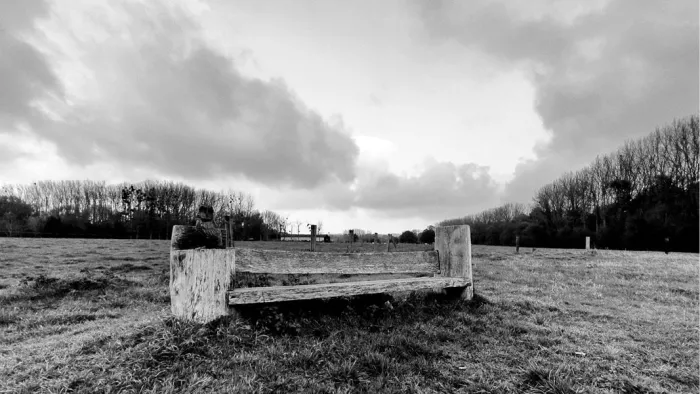 Houten rustbank in een grasveld onder zware wolken, met bomen aan de horizon, in zwart-wit