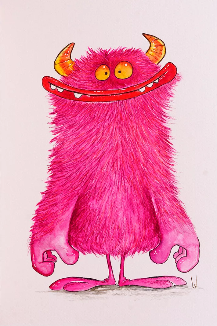 Harig roze monster met oranje hoorntjes, grote gele ogen en een brede rode grijns