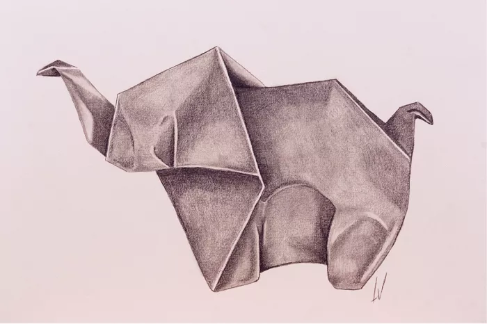 Origami olifantje met opgeheven slurf, gearceerd in grijstinten op een lichte achtergrond