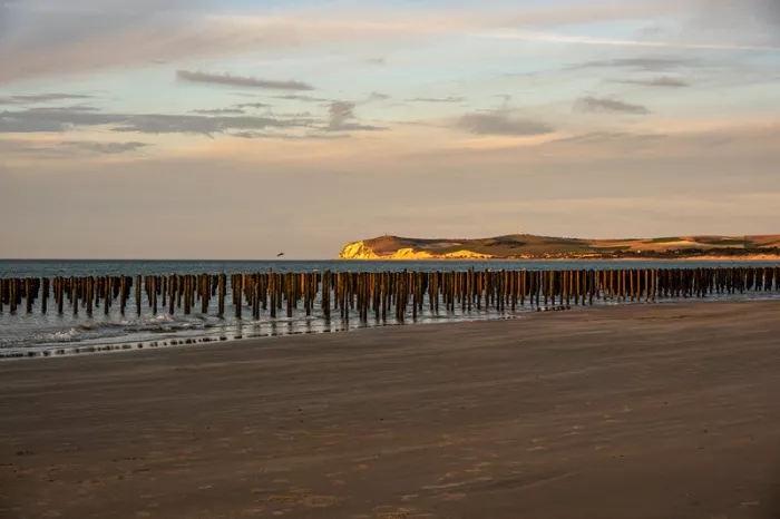 Lange rij strandpalen langs de zee met een witte kliftop in de verte en een breed strand