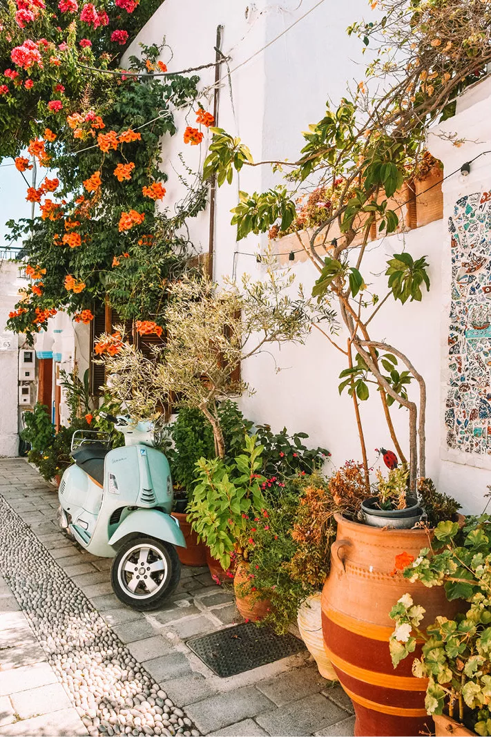 Smal wit steegje met een mintgroene Vespa, planten in terracotta potten en oranje bloemen