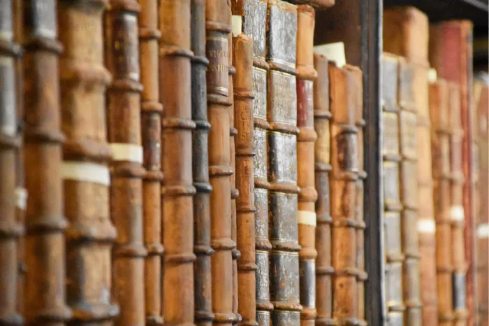 Rij oude boeken met bruine leren ruggen in een bibliotheek, schuin van opzij gezien