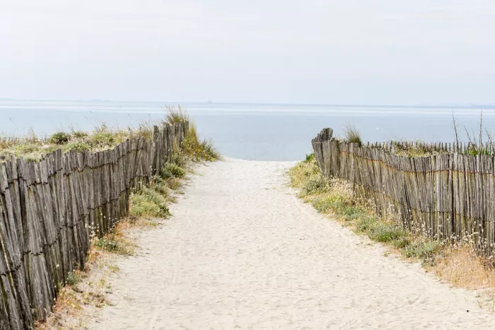 Wit zandpad tussen houten duinhekken met helmgras leidt naar een kalme, blauwgrijze zee onder een bleke lucht.