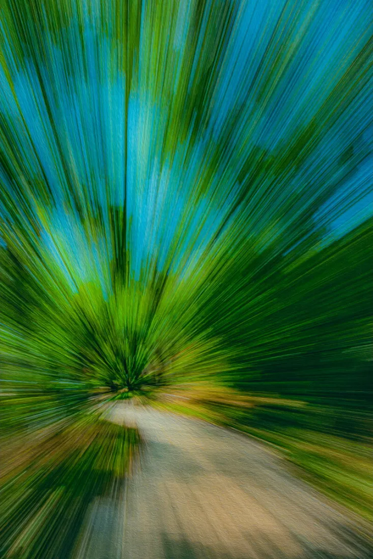 Zoomeffect op een zandpad door het bos, met groene en blauwe lichtstralen die vanuit het midden naar buiten schieten.