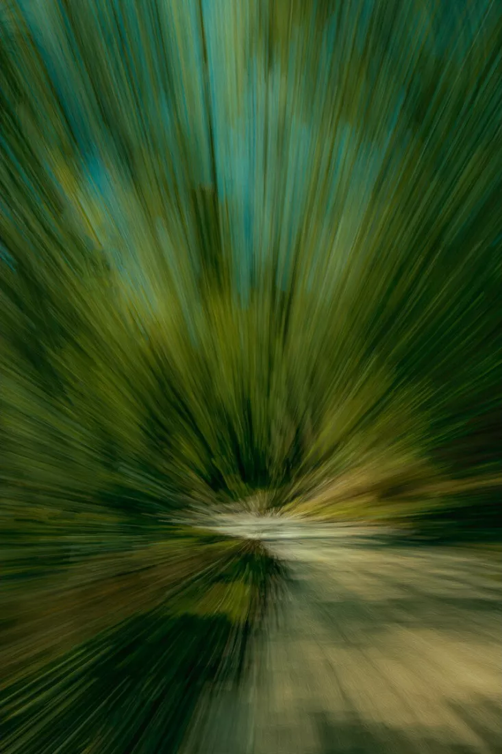 Abstract beeld van groene stralen die vanuit een lichte plek op een pad naar alle kanten uitwaaieren, als zoomeffect.