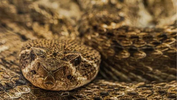 Ratelslang in close-up met de kop vooraan en het goudbruin geschubde lijf opgerold erachter