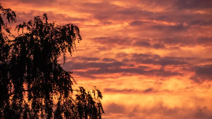 De ondergaande zon zet de lucht in vuur en vlam