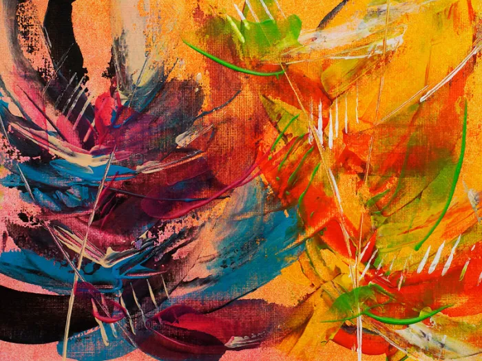 Abstract schilderij met gebogen streken in blauw, zwart, bordeaux en oranje als pluimen